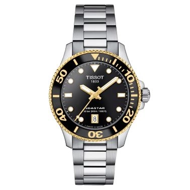 Montre Tissot T-Sport Seastar 1000 quartz PVD Or Jaune cadran noir bracelet acier 36 mm T120.210.21.051.00