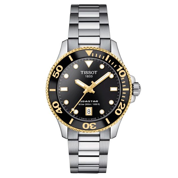Tissot T-Sport Seastar 1000 quartz PVD Yellow Gold watch black dial steel bracelet 36 mm