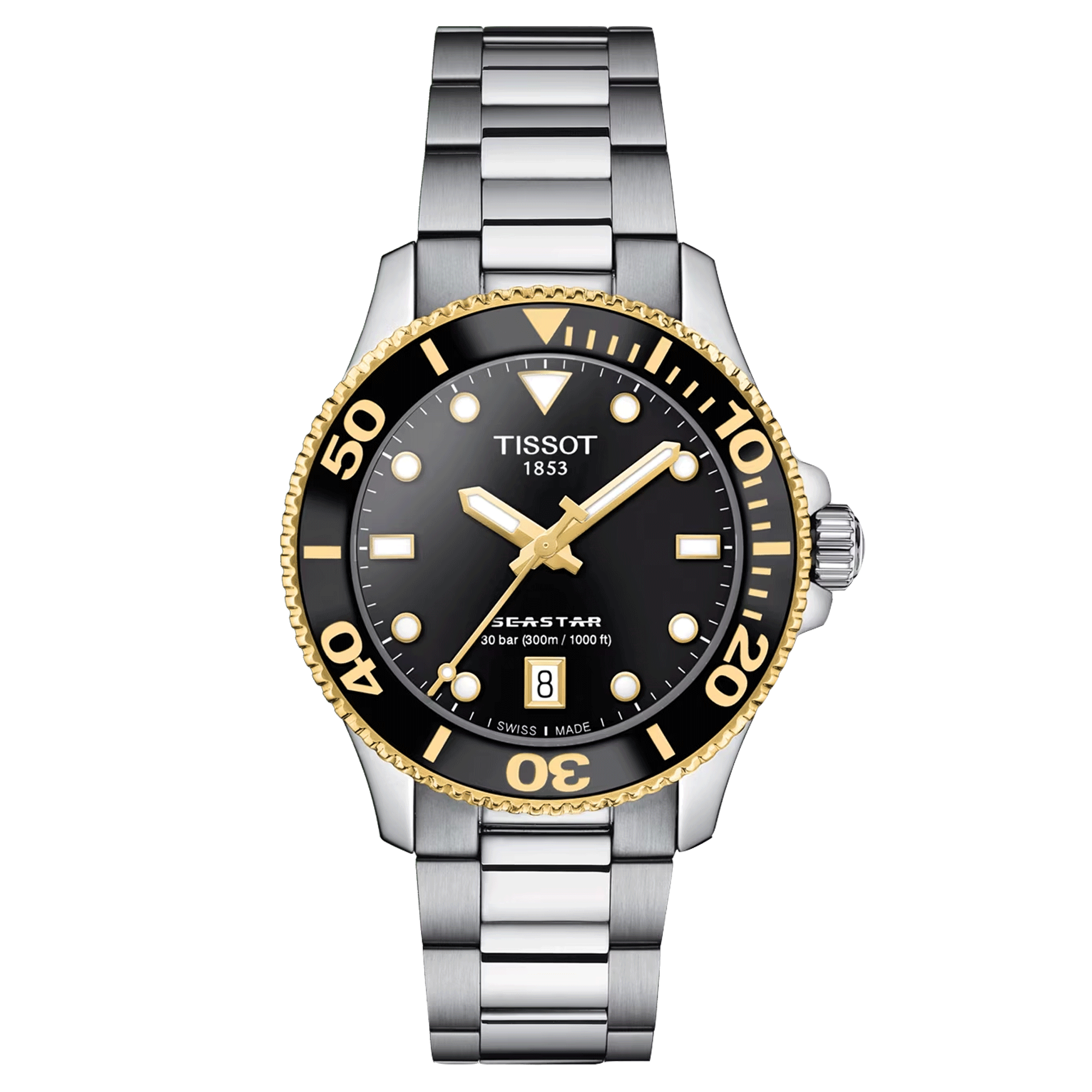 Tissot T-Sport Seastar 1000 quartz PVD Yellow Gold watch black dial steel bracelet 36 mm