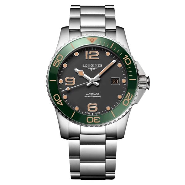 Longines Hydroconquest automatic watch green bezel black dial steel bracelet 41 mm L3.781.4.05.6