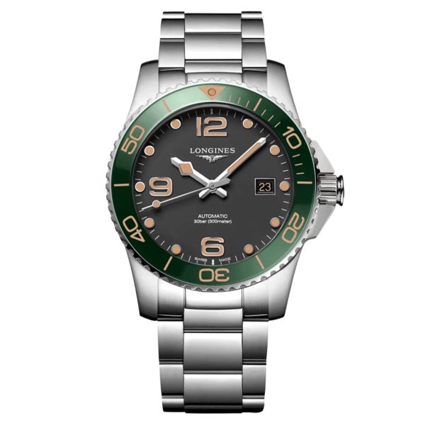 Montre Longines Hydroconquest automatique lunette verte cadran noir bracelet acier 41 mm L3.781.4.05.6