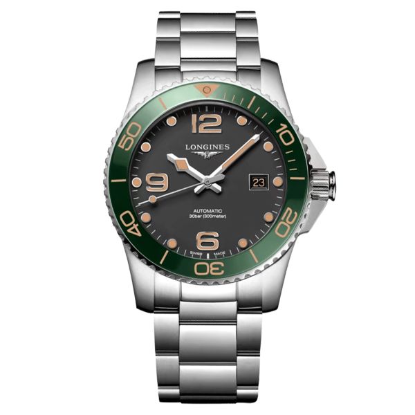 Montre Longines Hydroconquest automatique lunette verte cadran noir bracelet acier 41 mm L3.781.4.05.6