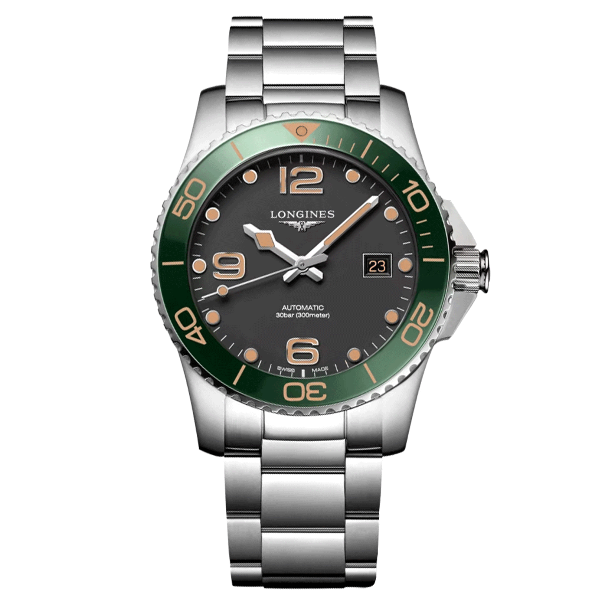 Montre Longines Hydroconquest automatique lunette verte cadran noir bracelet acier 41 mm L3.781.4.05.6