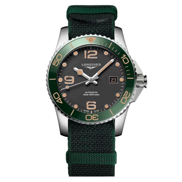 Longines Hydroconquest automatic watch green bezel black dial green fabric strap 41 mm L3.781.4.05.2