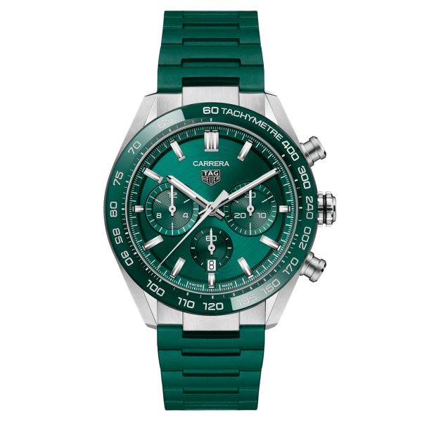 Montre TAG Heuer Carrera Chronograph automatique cadran vert bracelet caoutchouc vert 44 mm CBN2A1N.FT6238