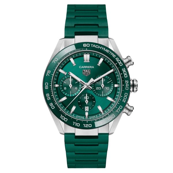 TAG Heuer Carrera Chronograph automatic watch green dial green rubber strap 44 mm