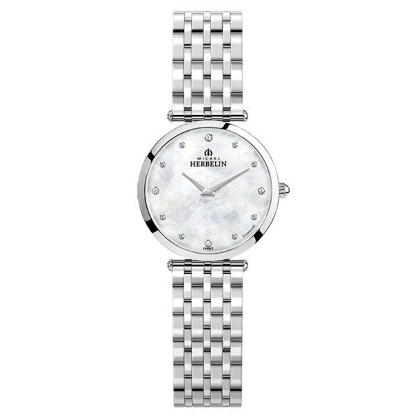 Montre Michel Herbelin Epsilon quartz acier cadran nacre index diamants bracelet acier 28 mm