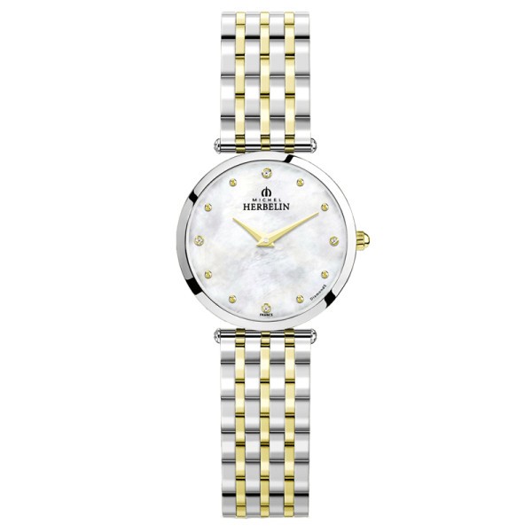 Montre Michel Herbelin Epsilon quartz cadran nacre index diamants bracelet acier bicolore 28 mm