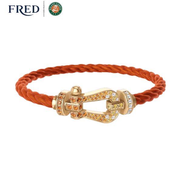 Bracelet Fred x Roland-Garros Force 10 grand modèle en or jaune, pavage diamants et pierres de couleur et câble terracotta 0J001