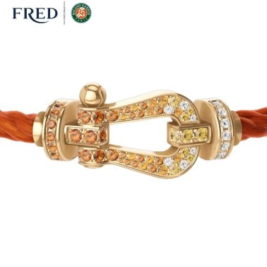 Bracelet Fred x Roland-Garros Force 10 grand modèle en or jaune, pavage diamants et pierres de couleur et câble terracotta 0J001
