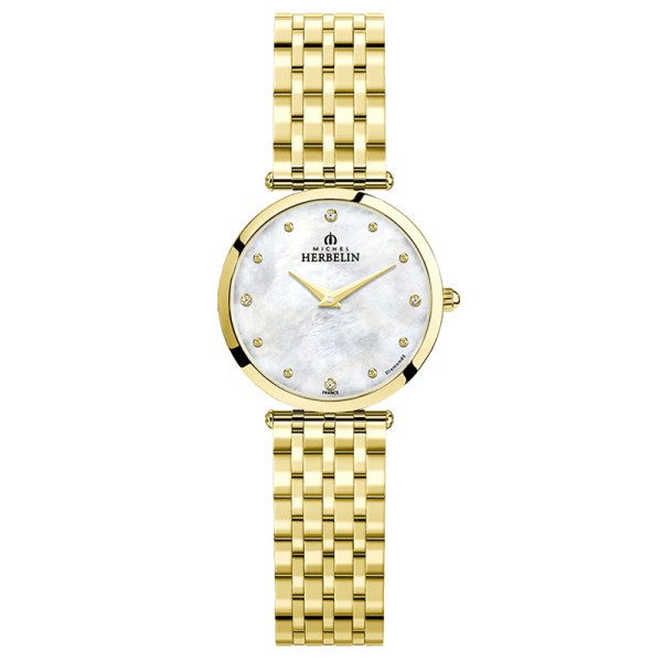 Montre Michel Herbelin Epsilon quartz cadran nacre index diamants bracelet acier PVD or jaune 28 mm