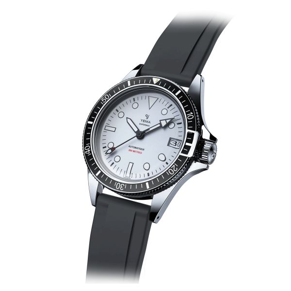 Montre Yema Superman 500 Dato automatique cadran blanc bracelet caoutchouc noir 39 mm YSUP23A39-BRBS