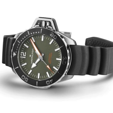 Hamilton Khaki Navy Frogman automatic watch green dial black rubber strap 41 mm H77455360