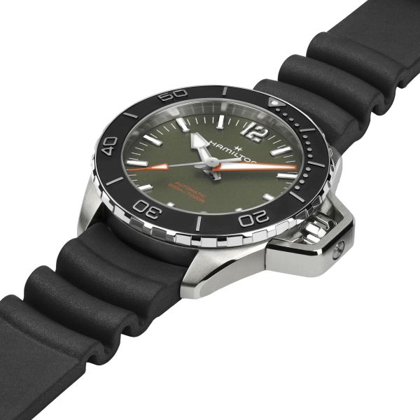 Hamilton Khaki Navy Frogman automatic watch green dial black rubber strap 41 mm H77455360