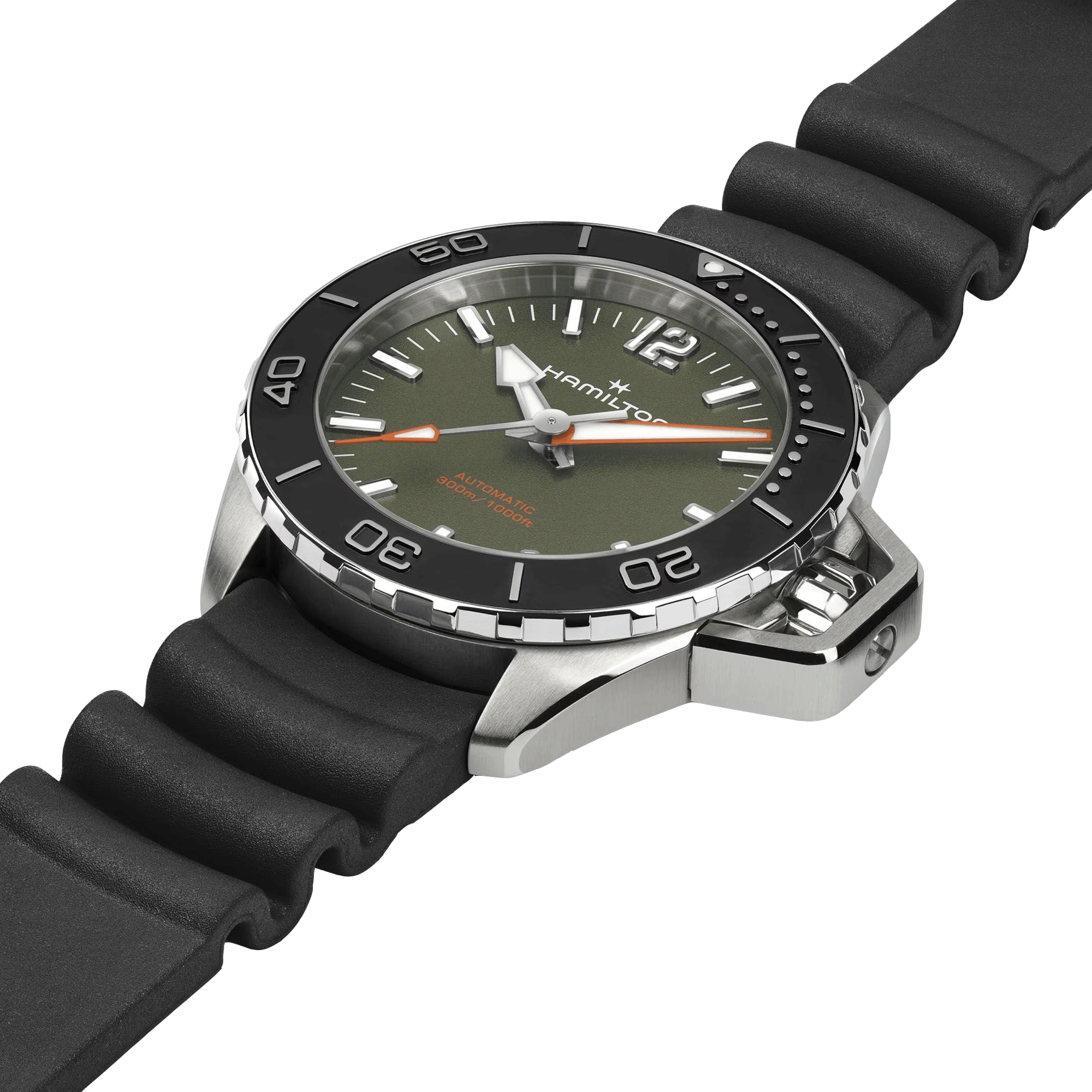Hamilton Khaki Navy Frogman automatic watch green dial black rubber strap 41 mm H77455360