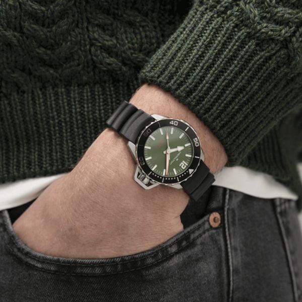 Hamilton Khaki Navy Frogman automatic watch green dial black rubber strap 41 mm H77455360
