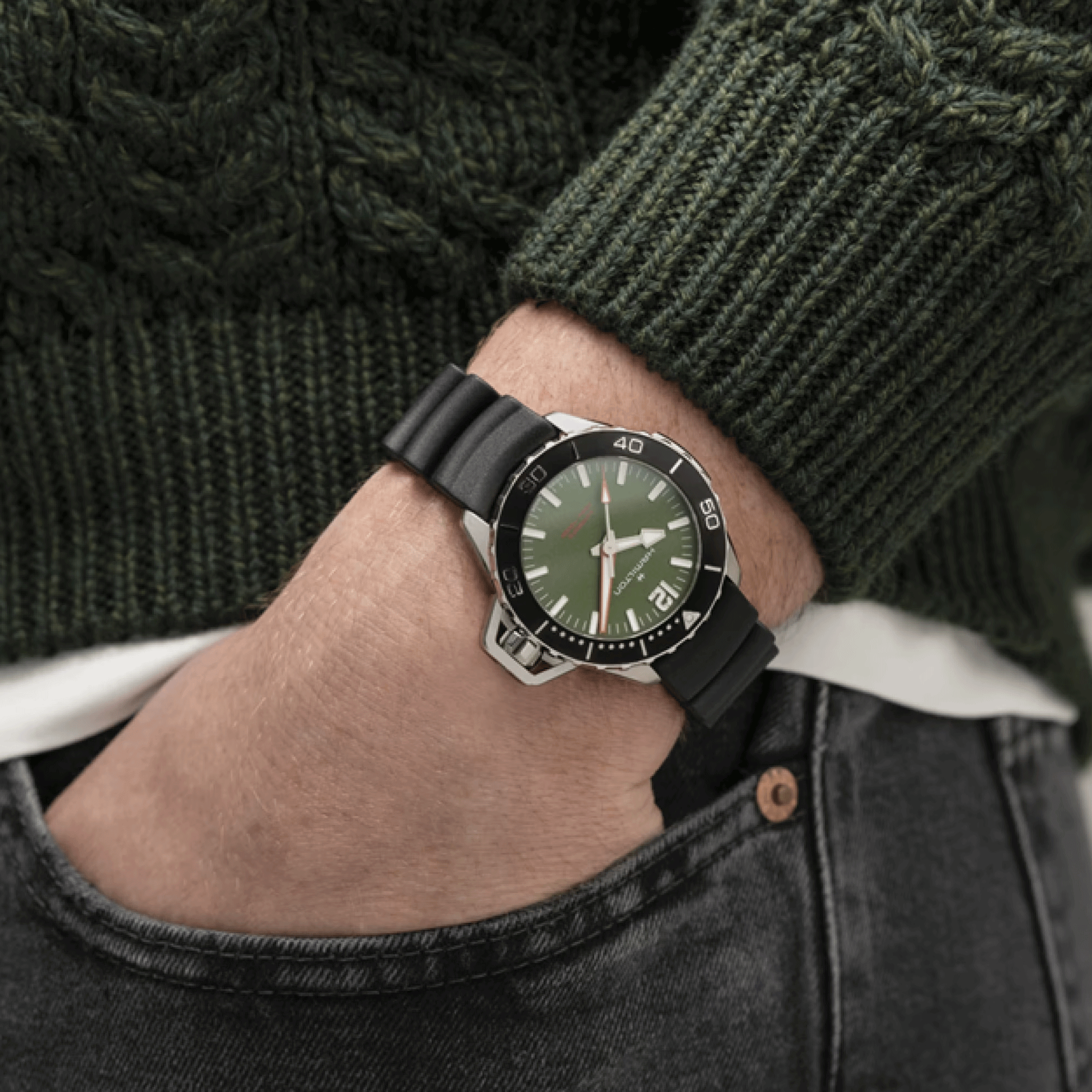 Hamilton Khaki Navy Frogman automatic watch green dial black rubber strap 41 mm H77455360