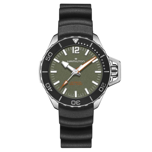 Montre Hamilton Khaki Navy Frogman automatique cadran vert bracelet caoutchouc noir 41 mm H77455360