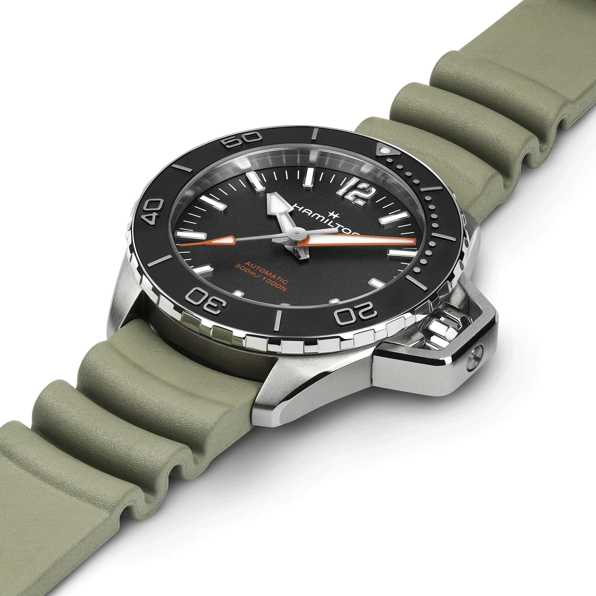 Hamilton Khaki Navy Frogman automatic watch black dial green rubber strap 41 mm H77455331