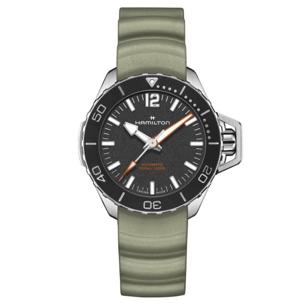 Montre Hamilton Khaki Navy Frogman automatique cadran noir bracelet caoutchouc vert 41 mm H77455331