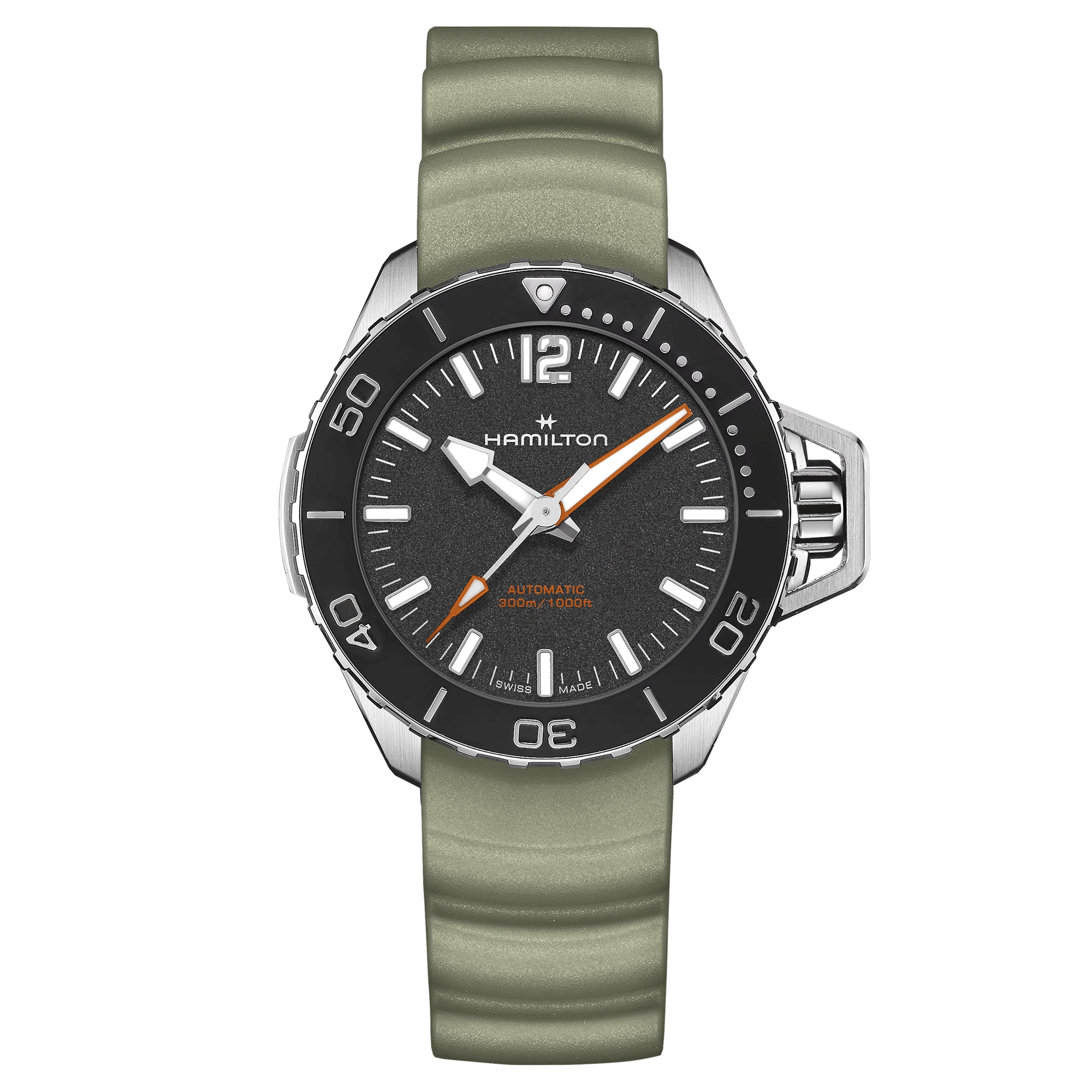 Hamilton Khaki Navy Frogman automatic watch black dial green rubber strap 41 mm H77455331