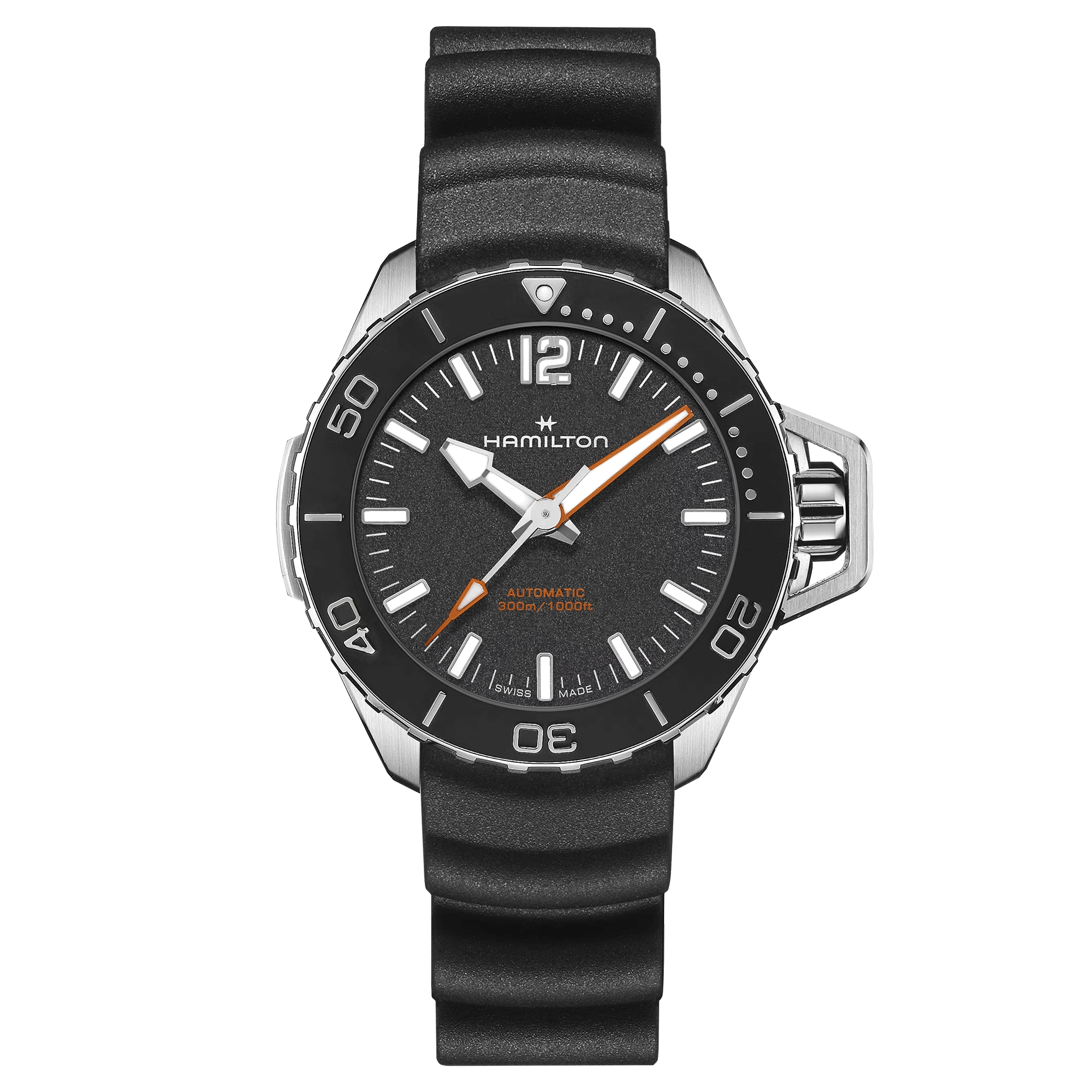 Hamilton Khaki Navy Frogman automatic watch black dial black rubber strap 41 mm