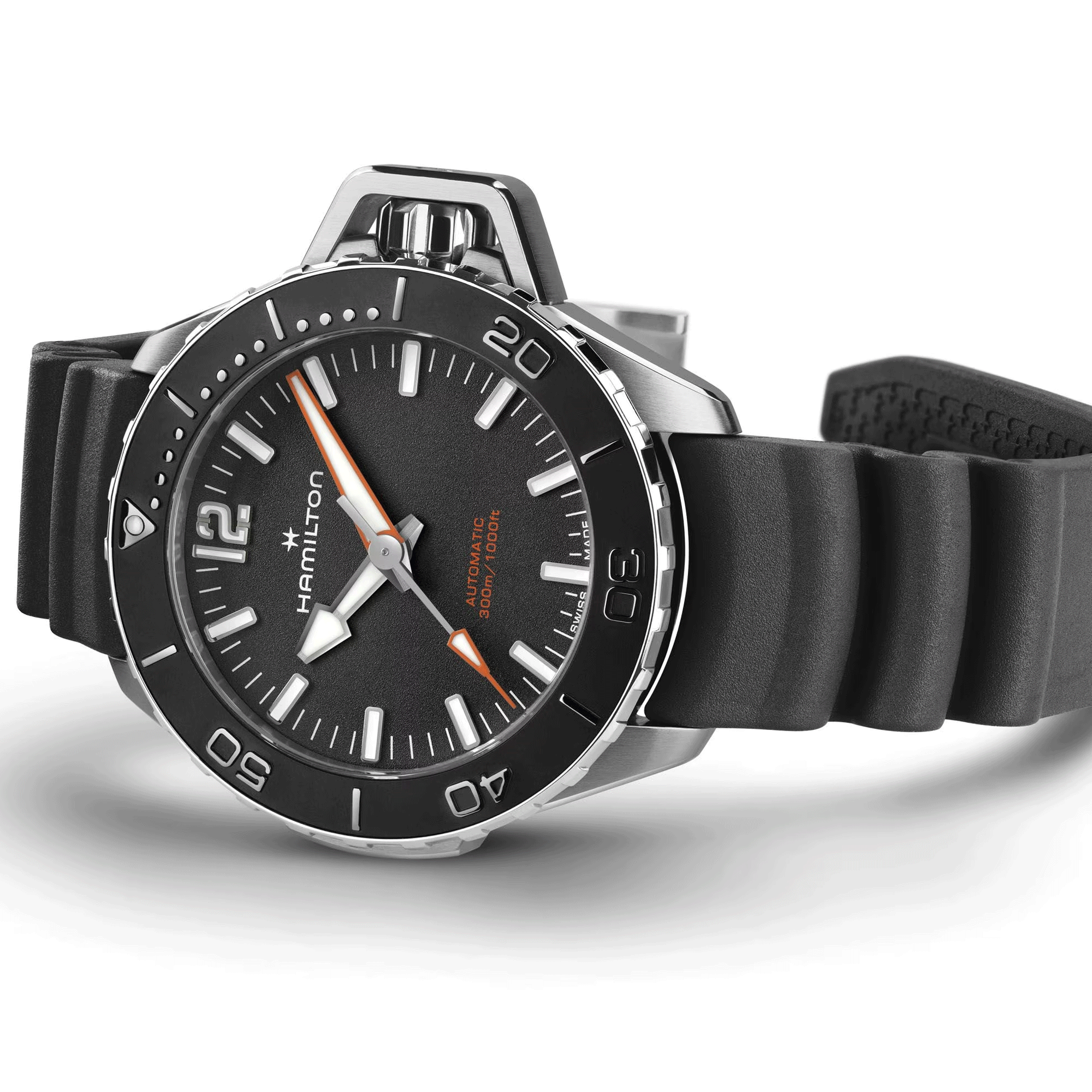Hamilton Khaki Navy Frogman automatic watch black dial black rubber strap 41 mm