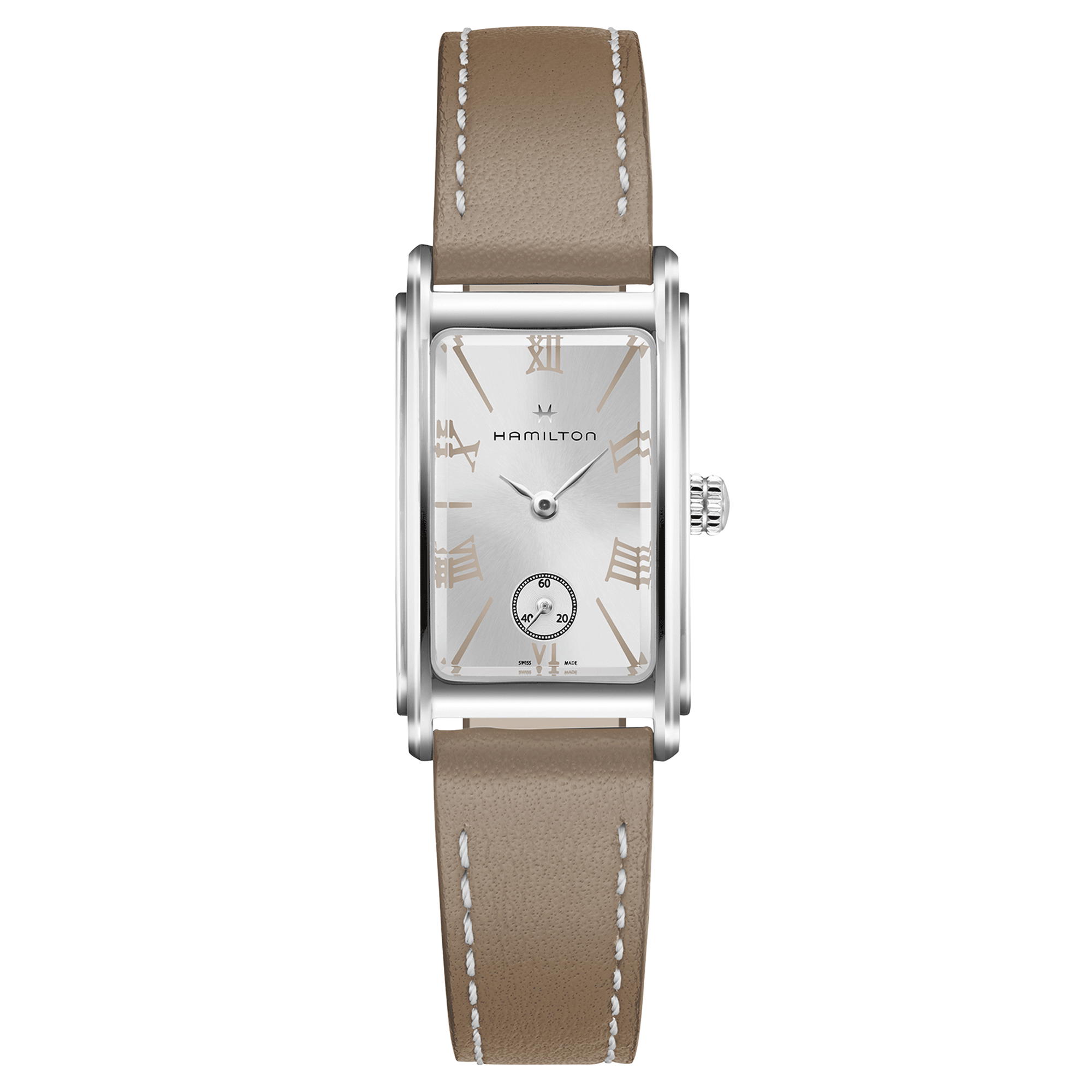 Hamilton American Classic Ardmore quartz watch silver dial taupe leather strap 18,7 x 27 mm