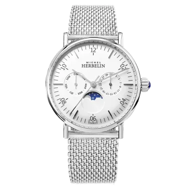 Montre Michel Herbelin Inspiration quartz Phase de lune cadran argent bracelet maille milanaise 38 mm