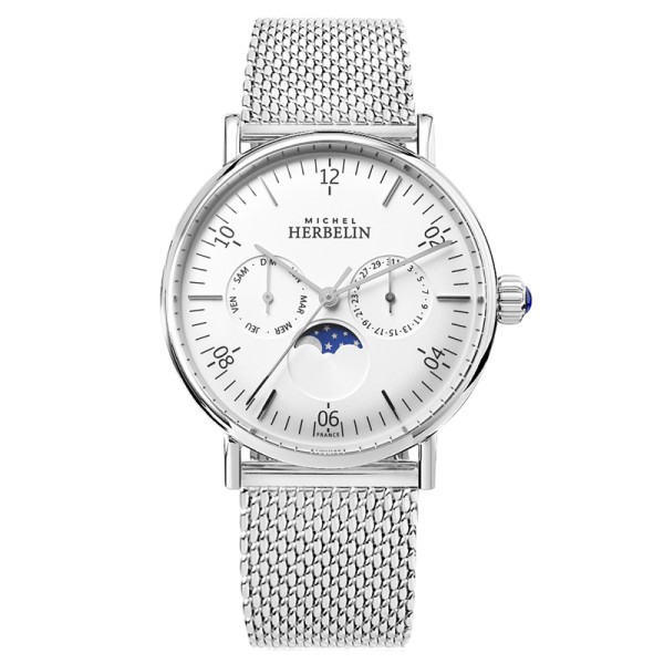 Montre Michel Herbelin Inspiration quartz Phase de lune cadran argent bracelet maille milanaise 38 mm