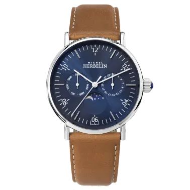 Montre Michel Herbelin Inspiration quartz Phase de lune cadran bleu soleillé bracelet cuir brun 38 mm