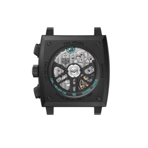 Montre TAG Heuer Monaco Turquoise automatique cadran squelette cuir et caoutchouc noir 39 mm CBL2184.FT6236