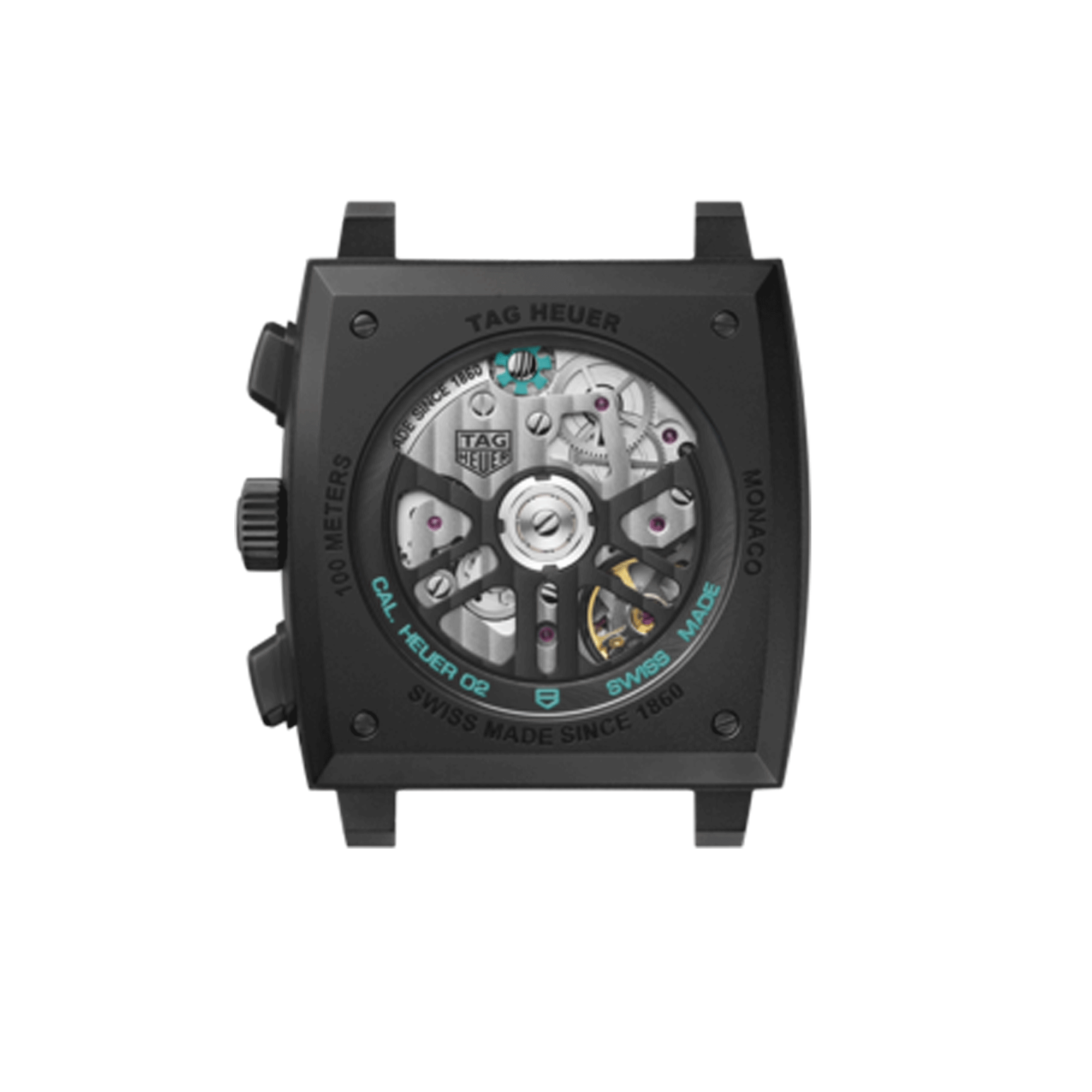 Montre TAG Heuer Monaco Turquoise automatique cadran squelette cuir et caoutchouc noir 39 mm CBL2184.FT6236