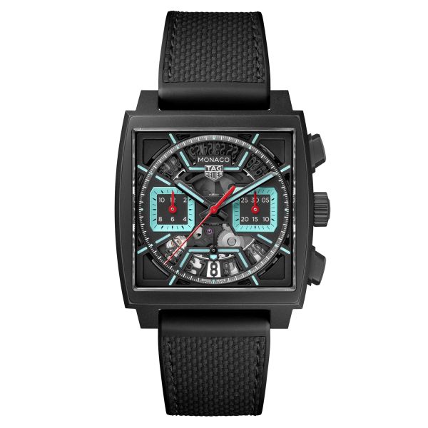 Montre TAG Heuer Monaco Turquoise automatique cadran squelette cuir et caoutchouc noir 39 mm CBL2184.FT6236