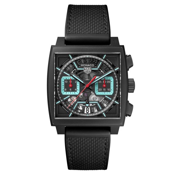 TAG Heuer Monaco Turquoise automatic watch with leather and black rubber skeleton dial 39 mm