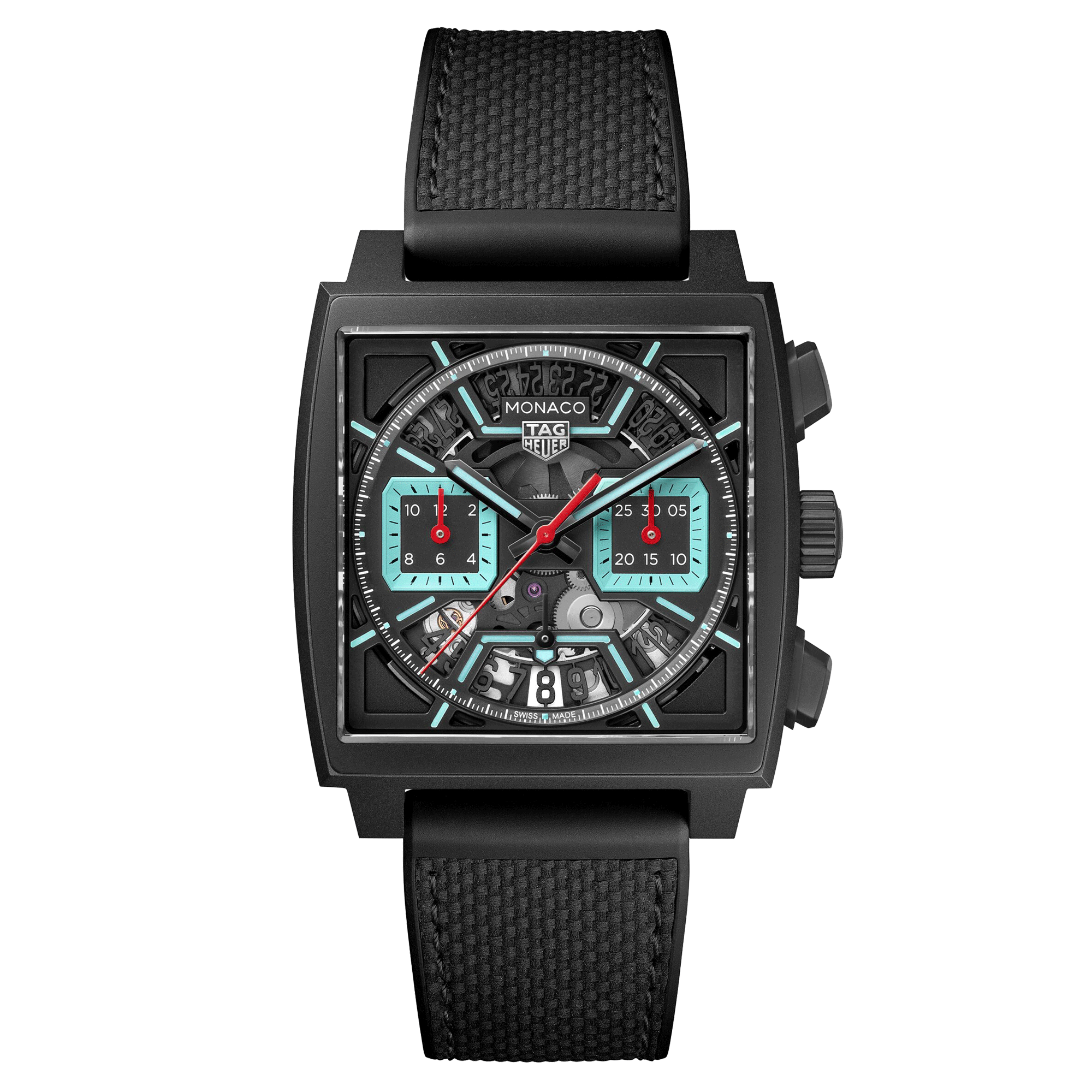 Montre TAG Heuer Monaco Turquoise automatique cadran squelette cuir et caoutchouc noir 39 mm CBL2184.FT6236