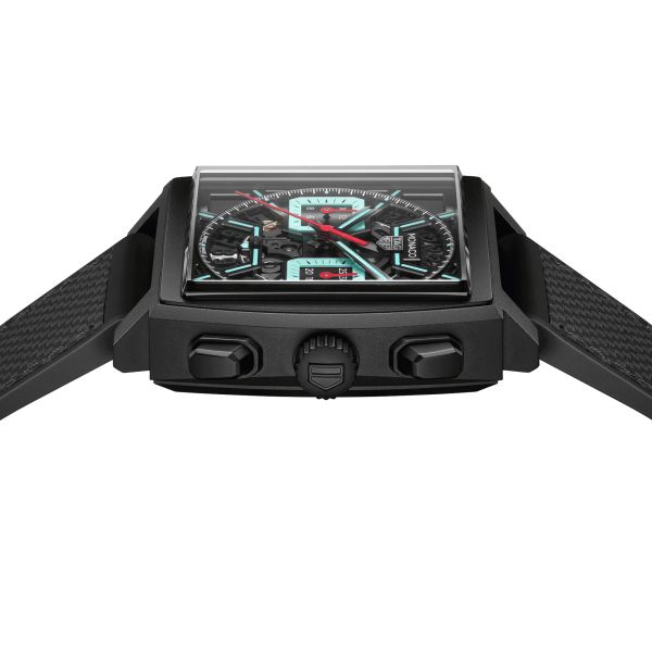 Montre TAG Heuer Monaco Turquoise automatique cadran squelette cuir et caoutchouc noir 39 mm CBL2184.FT6236