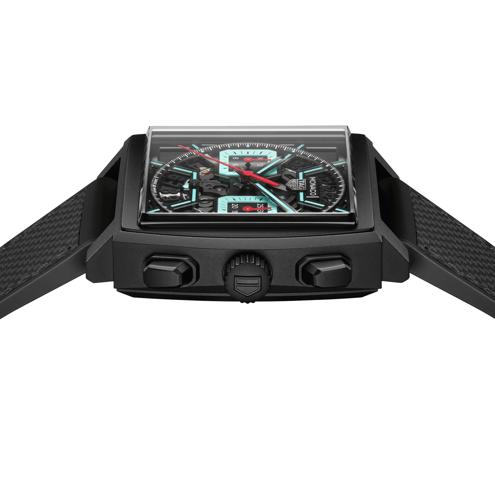 Montre TAG Heuer Monaco Turquoise automatique cadran squelette cuir et caoutchouc noir 39 mm CBL2184.FT6236