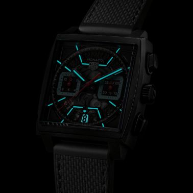 Montre TAG Heuer Monaco Turquoise automatique cadran squelette cuir et caoutchouc noir 39 mm CBL2184.FT6236