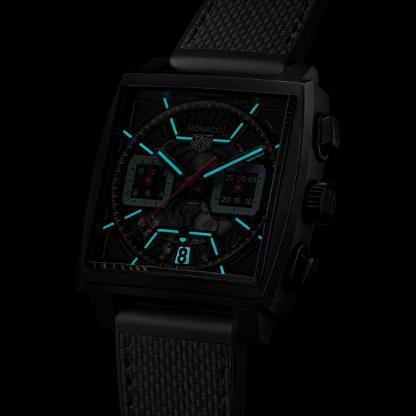 Montre TAG Heuer Monaco Turquoise automatique cadran squelette cuir et caoutchouc noir 39 mm CBL2184.FT6236