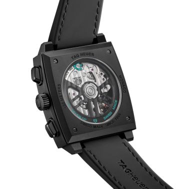 Montre TAG Heuer Monaco Turquoise automatique cadran squelette cuir et caoutchouc noir 39 mm CBL2184.FT6236