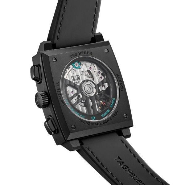 Montre TAG Heuer Monaco Turquoise automatique cadran squelette cuir et caoutchouc noir 39 mm CBL2184.FT6236