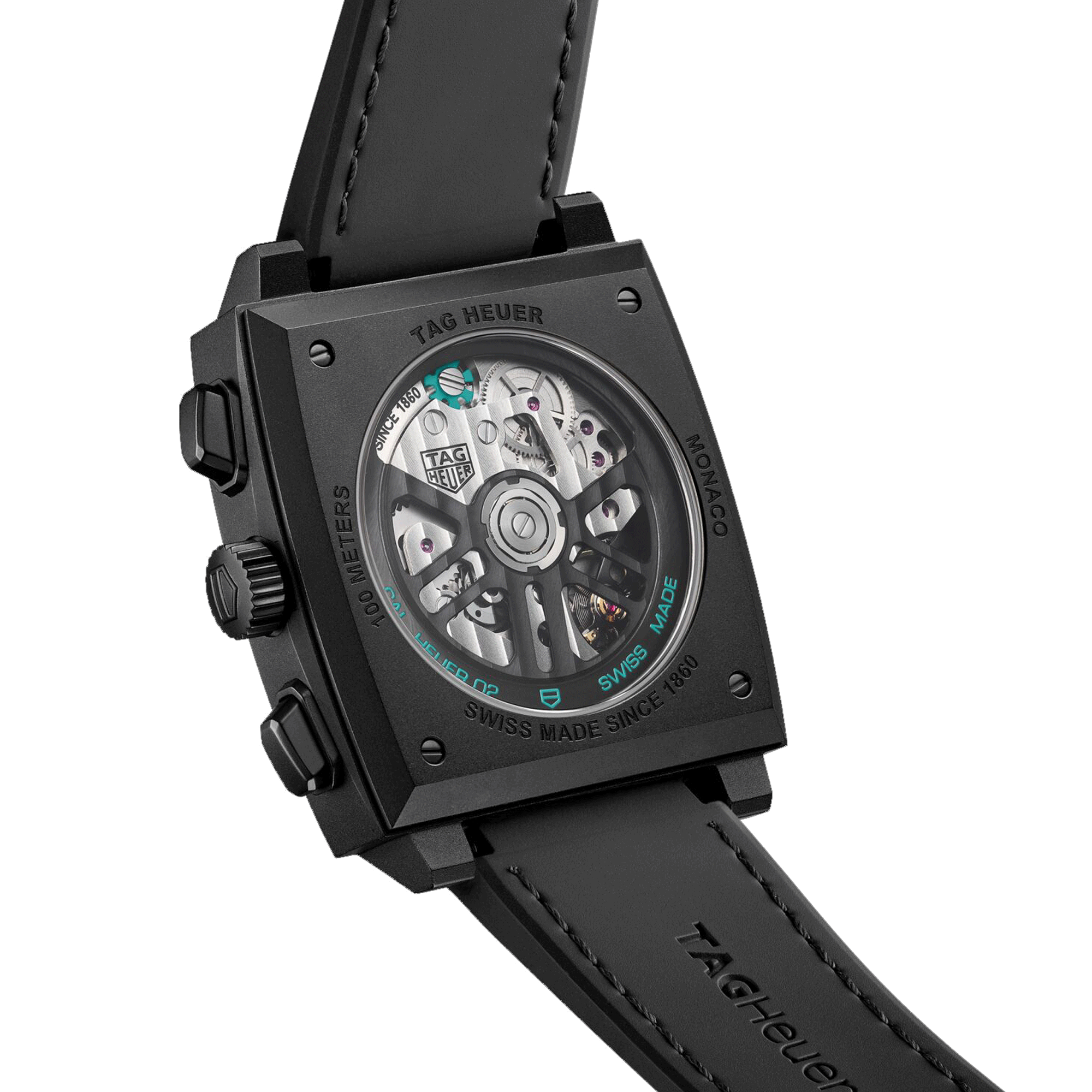 Montre TAG Heuer Monaco Turquoise automatique cadran squelette cuir et caoutchouc noir 39 mm CBL2184.FT6236