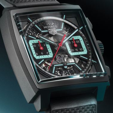 Montre TAG Heuer Monaco Turquoise automatique cadran squelette cuir et caoutchouc noir 39 mm