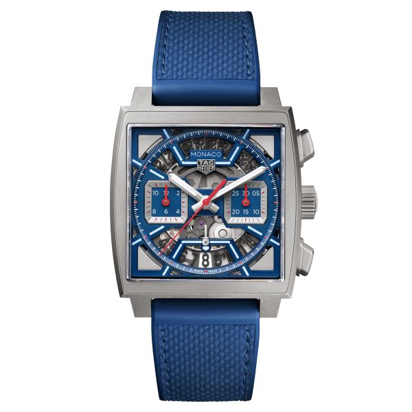 TAG Heuer Monaco Original Blue automatic watch with leather and blue rubber skeleton dial 39 mm