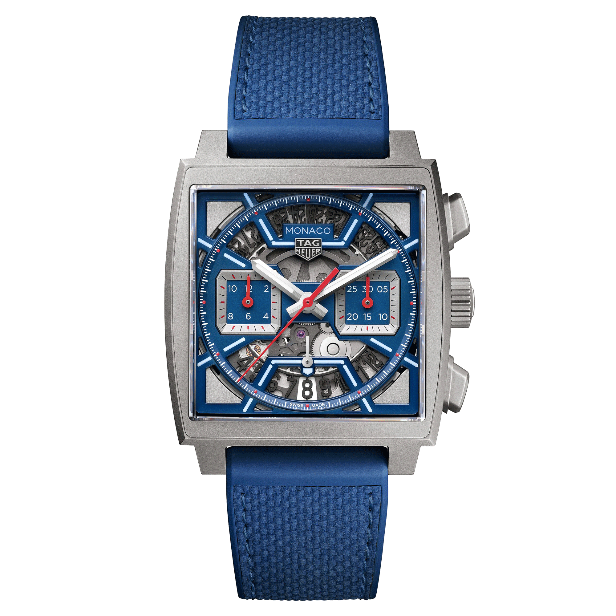 Montre TAG Heuer Monaco Original Blue automatique cadran squelette cuir et caoutchouc bleu 39 mm CBL2182.FT6235