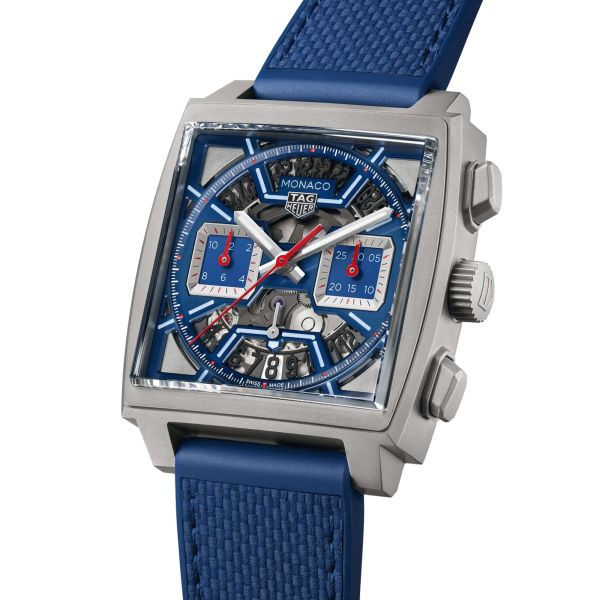Montre TAG Heuer Monaco Original Blue automatique cadran squelette cuir et caoutchouc bleu 39 mm CBL2182.FT6235