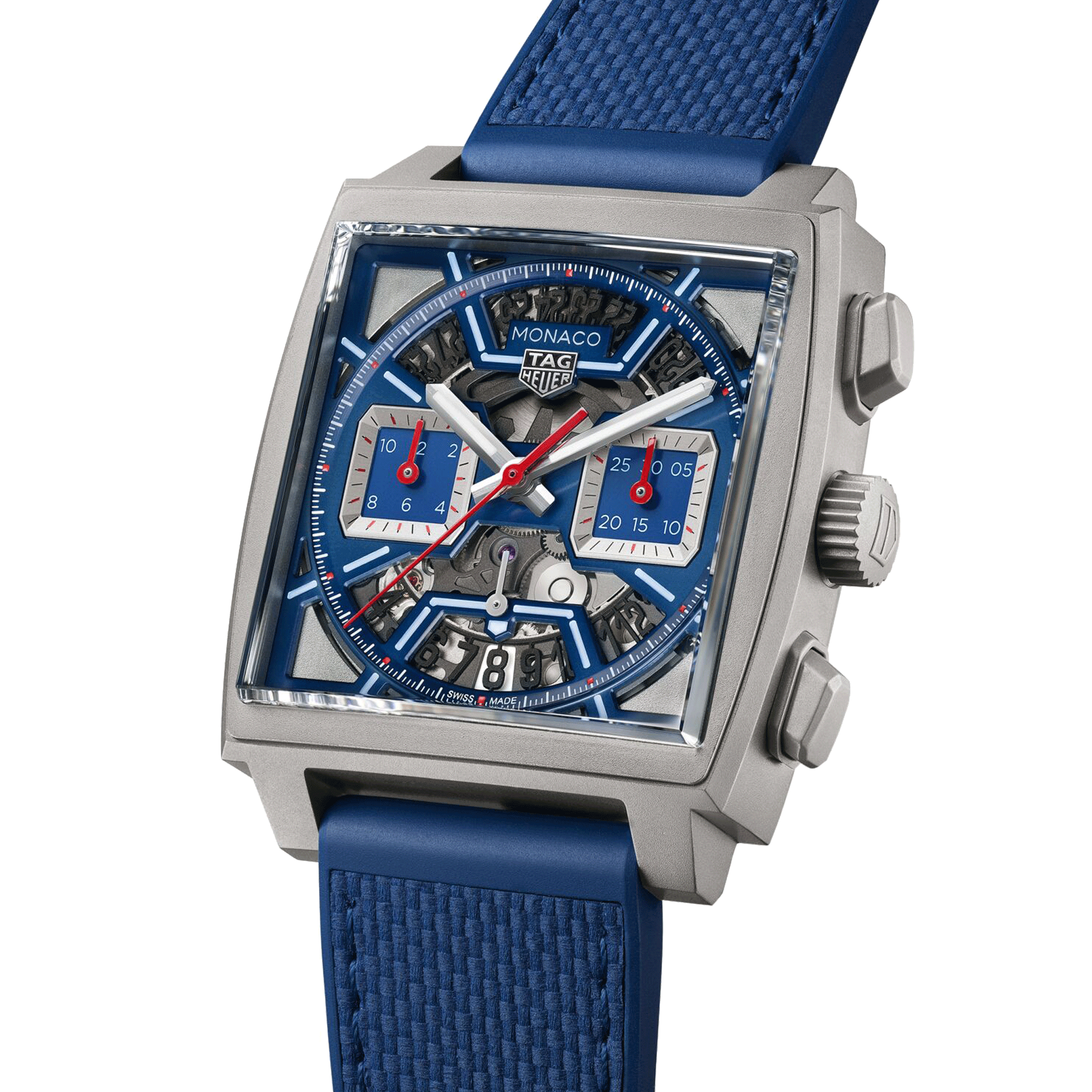 Montre TAG Heuer Monaco Original Blue automatique cadran squelette cuir et caoutchouc bleu 39 mm CBL2182.FT6235