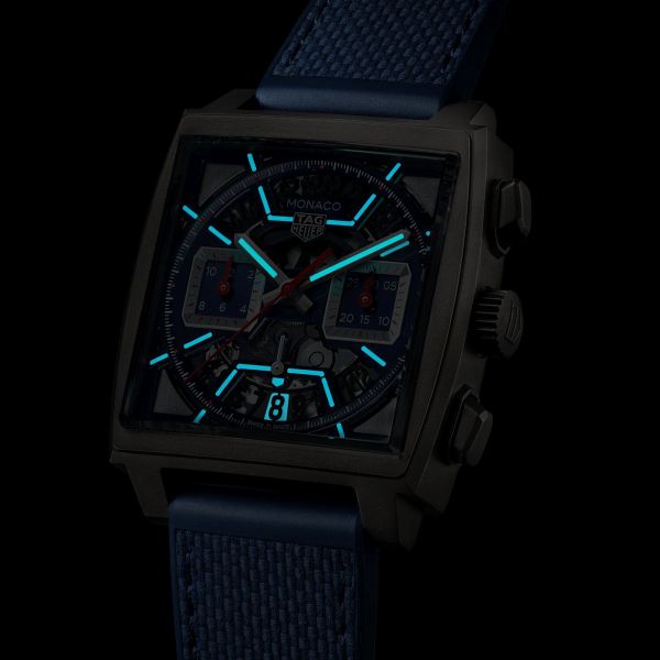 TAG Heuer Monaco Original Blue automatic watch with leather and blue rubber skeleton dial 39 mm CBL2182.FT6235