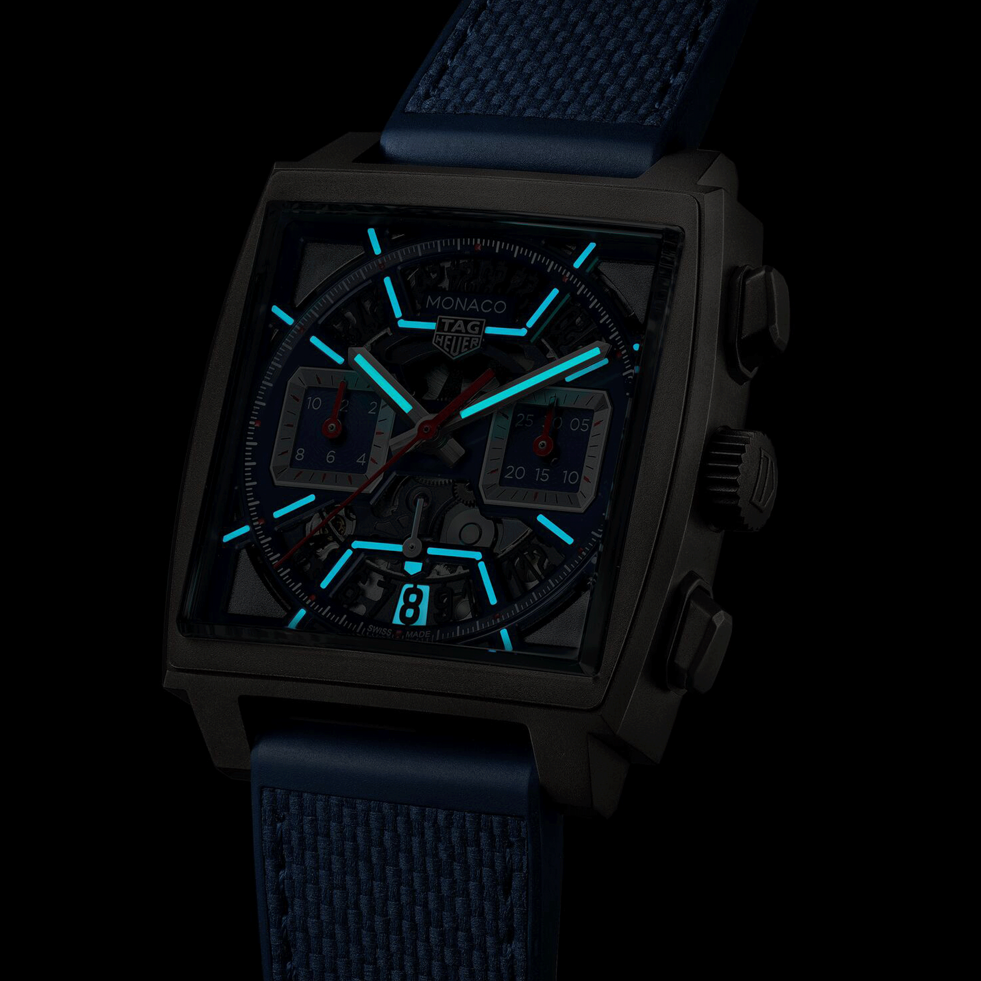 TAG Heuer Monaco Original Blue automatic watch with leather and blue rubber skeleton dial 39 mm CBL2182.FT6235